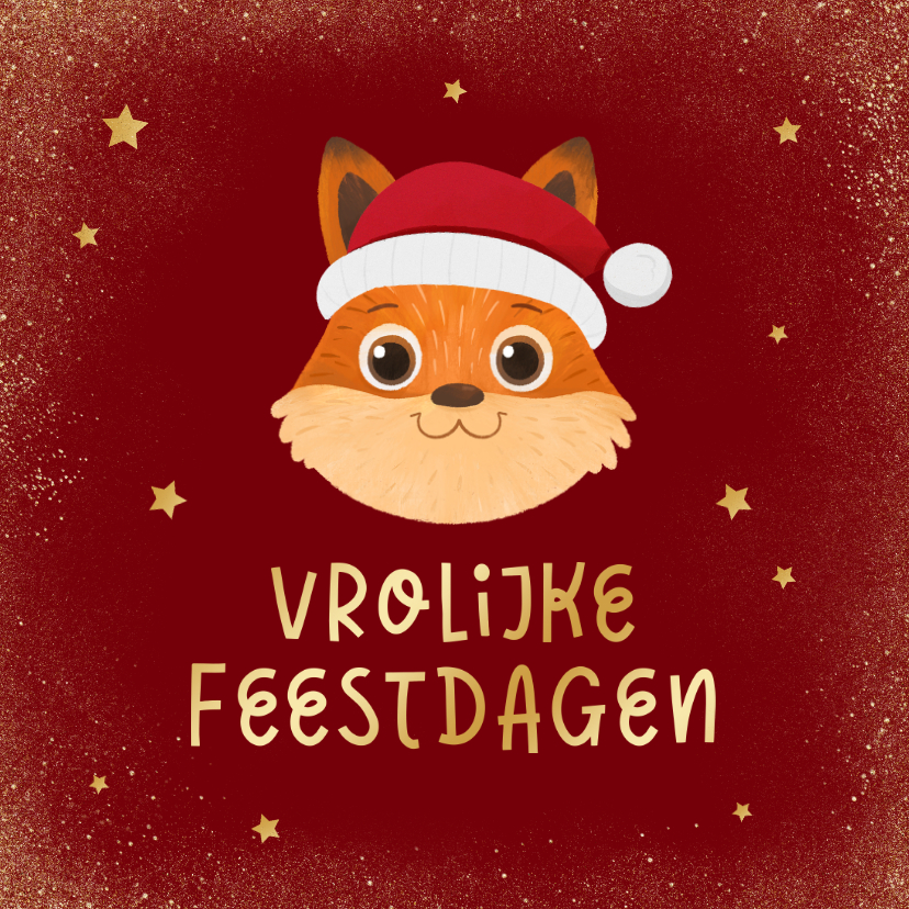 Kerstkaarten - Vrolijke kerstkaart dieren vos kerstmuts sterren goud