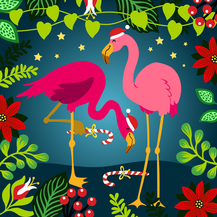 Kerstkaarten - Vrolijke kerstkaart met flamingo's