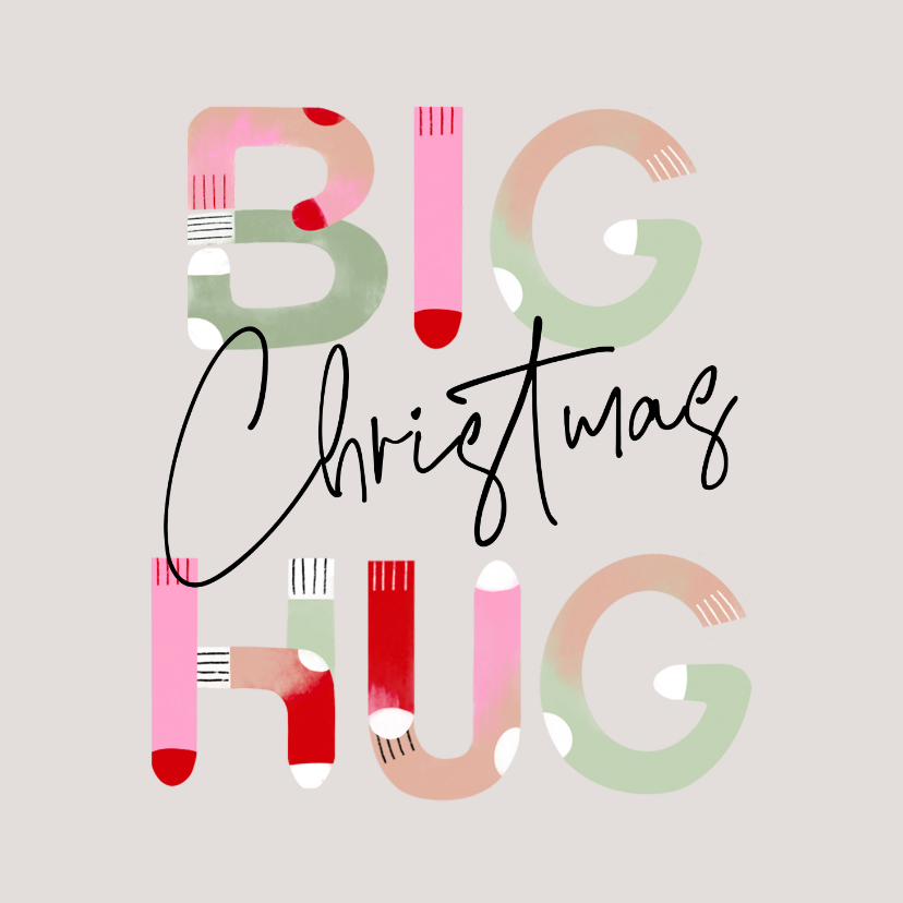 Kerstkaarten - Warme kerstkaart big christmas hug met kerstsokken typo