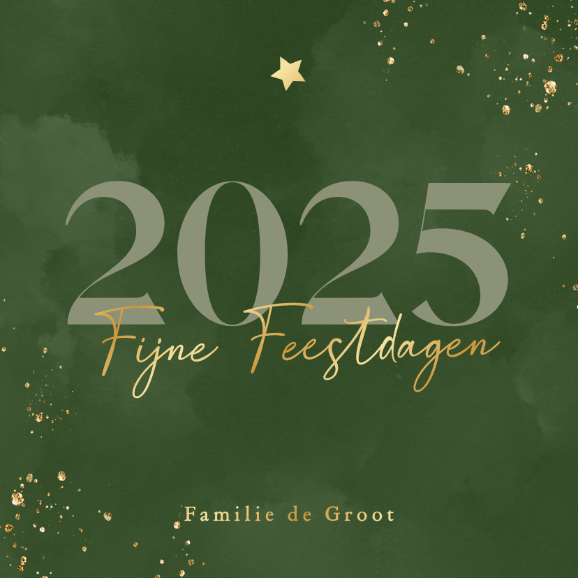 Kerstkaarten - Waterverf kerstkaartje groen met jaartal en sterretje goud