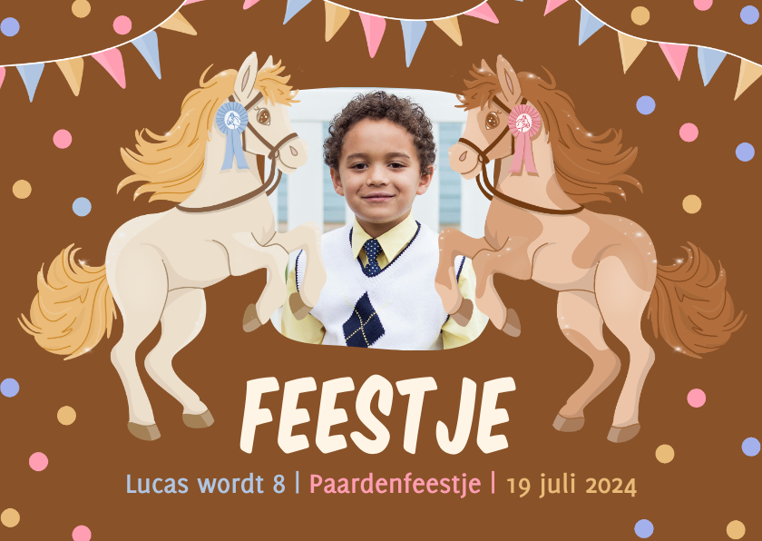 Kinderfeestjes - Bruine uitnodiging kinderfeestje met paarden en confetti