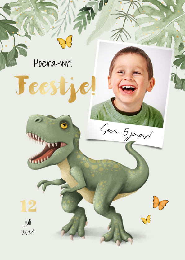 Kinderfeestjes - Dinosaurus kinderfeestje uitnodiging T-rex jungle bladeren