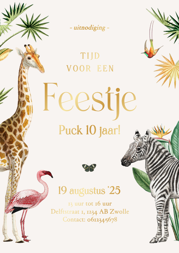 Kinderfeestjes - Enkele uitnodigingen kinderfeestje met jungle dieren en goud