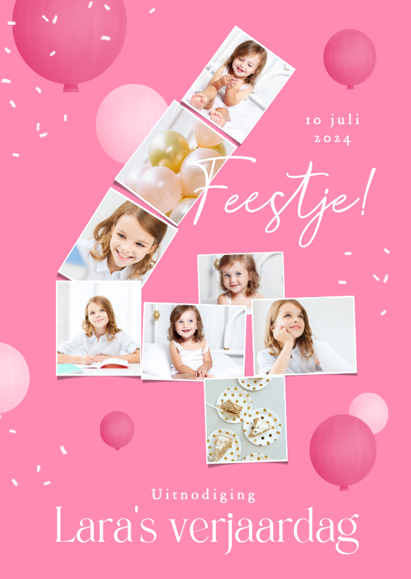 Kinderfeestjes - Kinderfeestje 4 jaar fotocollage confetti ballonnen roze