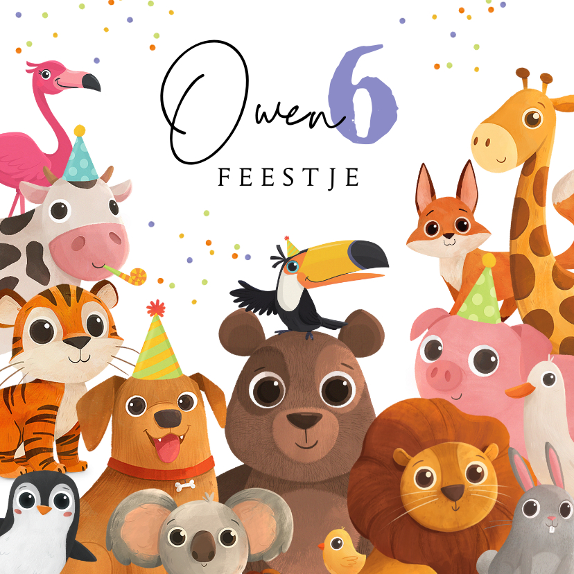 Kinderfeestjes - Kinderfeestje beestenboel dieren confetti feest uitnodiging