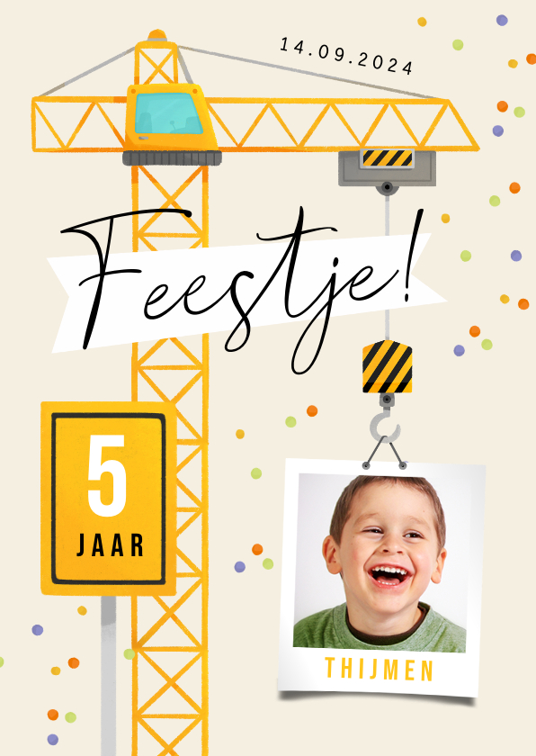 Kinderfeestjes - Kinderfeestje hijskraan uitnodiging bouw voertuigen feestje