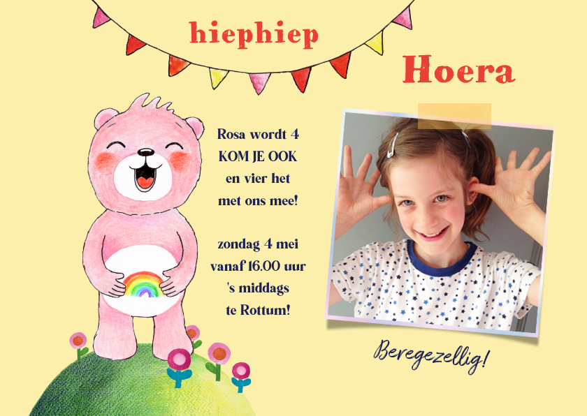 Kinderfeestjes - Kinderfeestje kaart met regenboog beertje