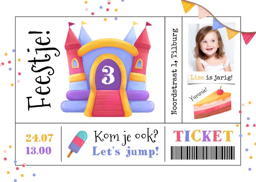 Kinderfeestjes - Kinderfeestje springkussen jump ticket taart foto confetti