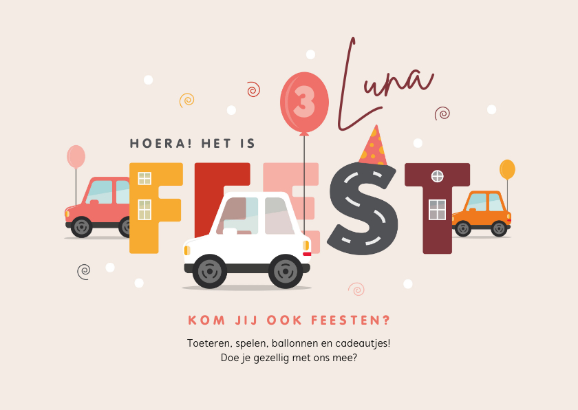 Kinderfeestjes - Kinderfeestje uitnodiging auto stoet feest confetti