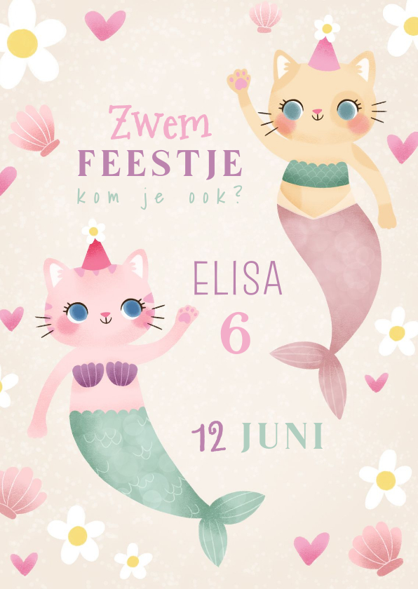 Kinderfeestjes - Kinderfeestje uitnodiging zwemfeestje katten zeemeerminnen