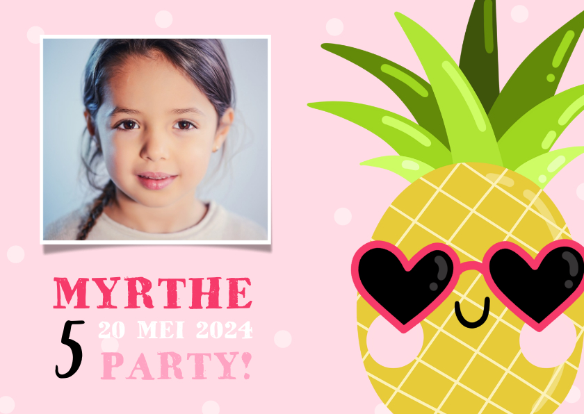 Kinderfeestjes - Lieve uitnodiging kinderfeestje ananas met zonnebril