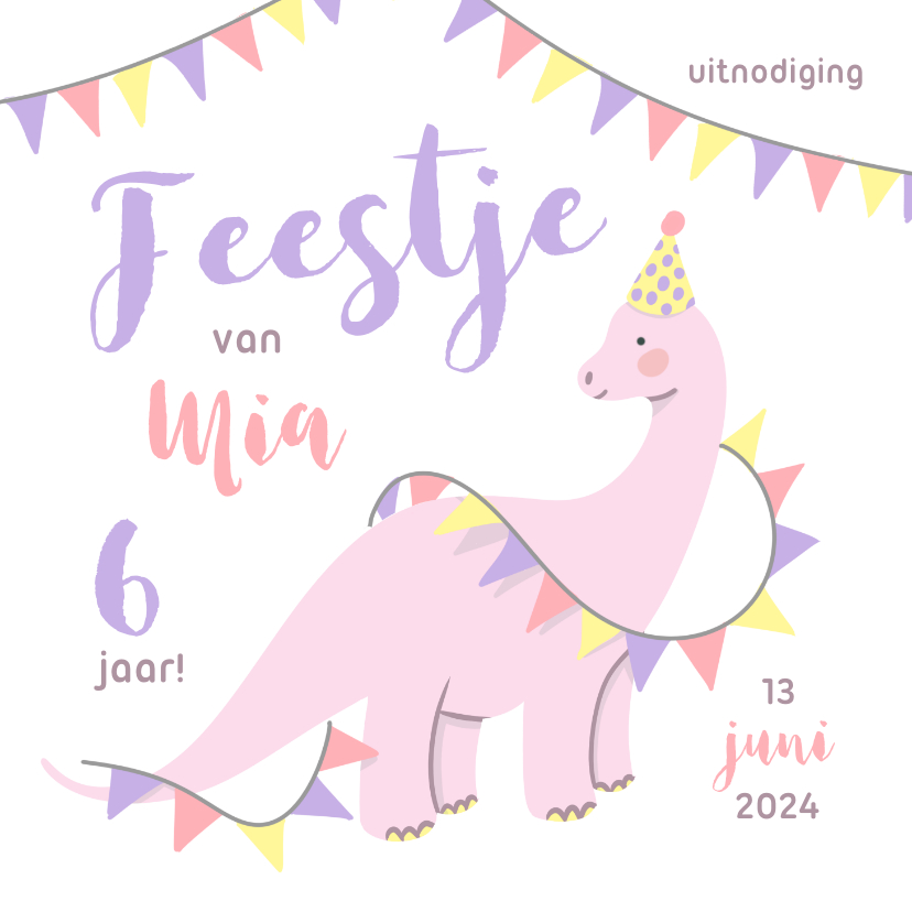 Kinderfeestjes - Lieve uitnodiging kinderfeestje met dino voor meisjes pastel