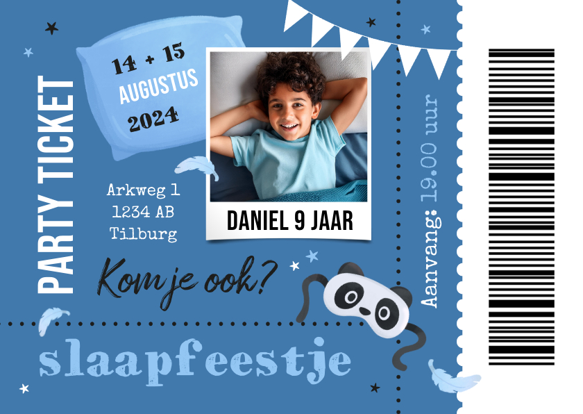 Kinderfeestjes - Ticket uitnodiging kinderfeestje slaapfeestje hip