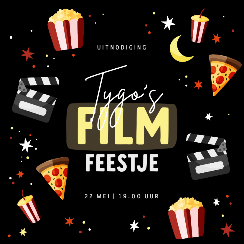 Kinderfeestjes - Uitnodiging filmfeestje popcorn pizza en sterren