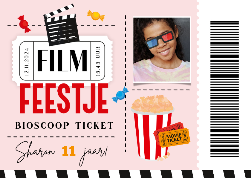 Kinderfeestjes - Uitnodiging filmticket popcorn foto