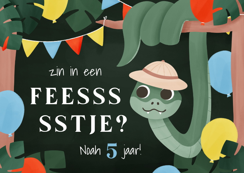 Kinderfeestjes - Uitnodiging kinderfeestje feessstje slang ballon vlag