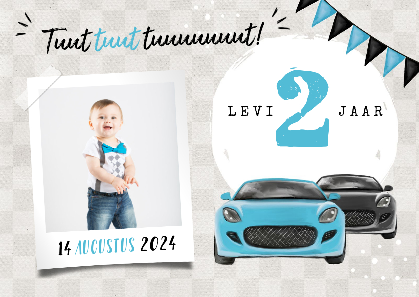 Kinderfeestjes - Uitnodiging kinderfeestje jongen 2 jaar auto's blauw foto