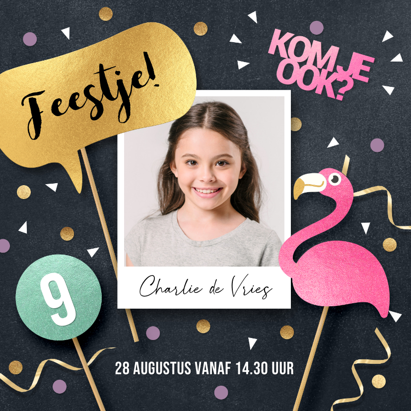 Kinderfeestjes - Uitnodiging kinderfeestje meisje vrolijke flamingo