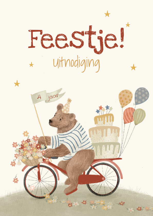 Kinderfeestjes - Uitnodiging kinderfeestje met beertje op weg naar feestje!