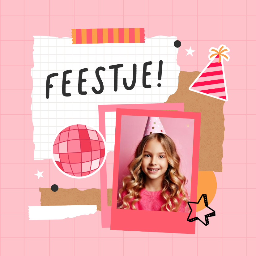 Kinderfeestjes - Uitnodiging kinderfeestje scrapbook stijl roze stickers