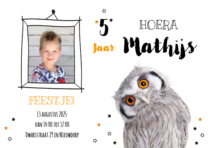 Kinderfeestjes - Uitnodiging - Kinderfeestje - Uiltje oranje ogen