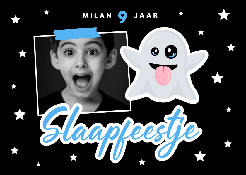 Kinderfeestjes - Uitnodiging slaapfeestje met emoji spookje en foto zwart