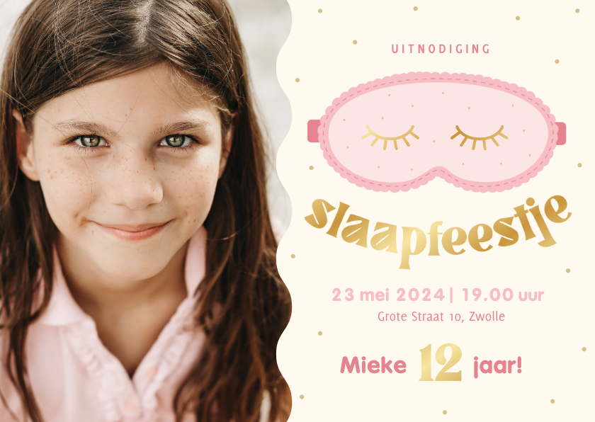 Kinderfeestjes - Uitnodiging slaapfeestje met foto slaapmasker roze