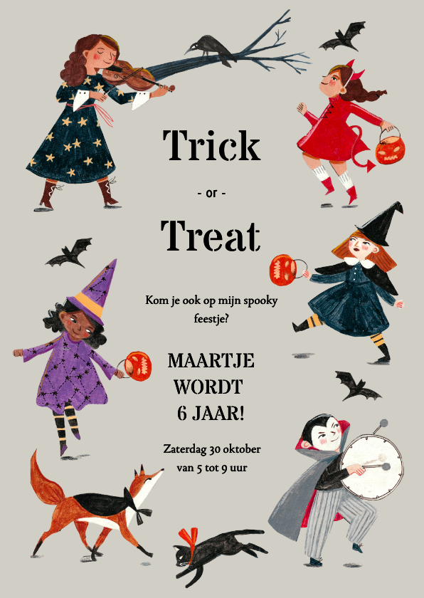 Kinderfeestjes - Uitnodiging Trick or Treat kinder verkleed optocht