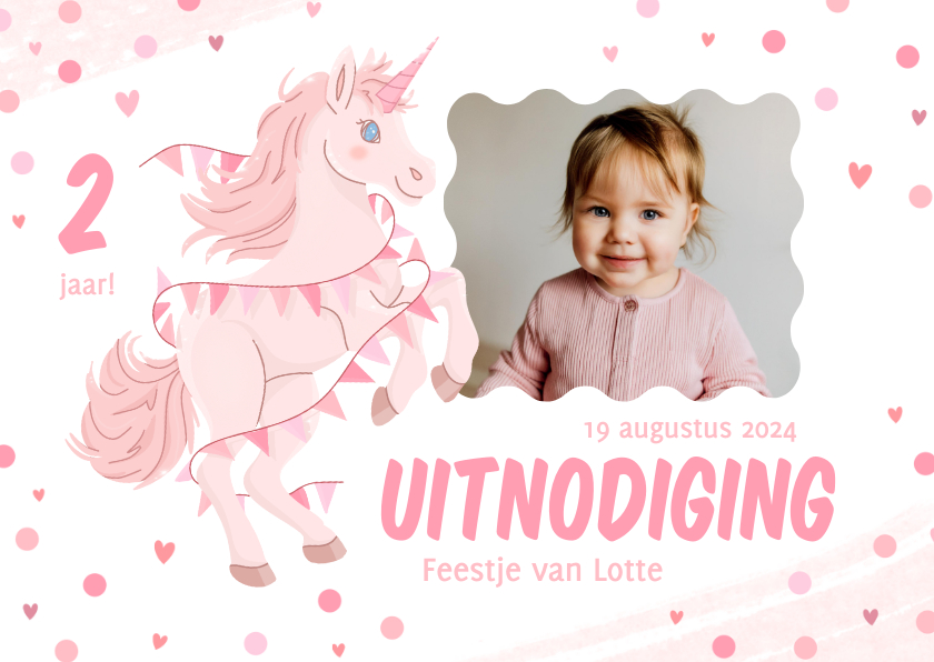 Kinderfeestjes - Uitnodigingen kinderfeestje met roze unicorn en vlaggetjes