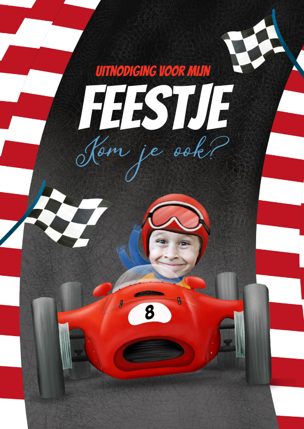 Kinderfeestjes - Uitnodigingskaart met foto en raceauto