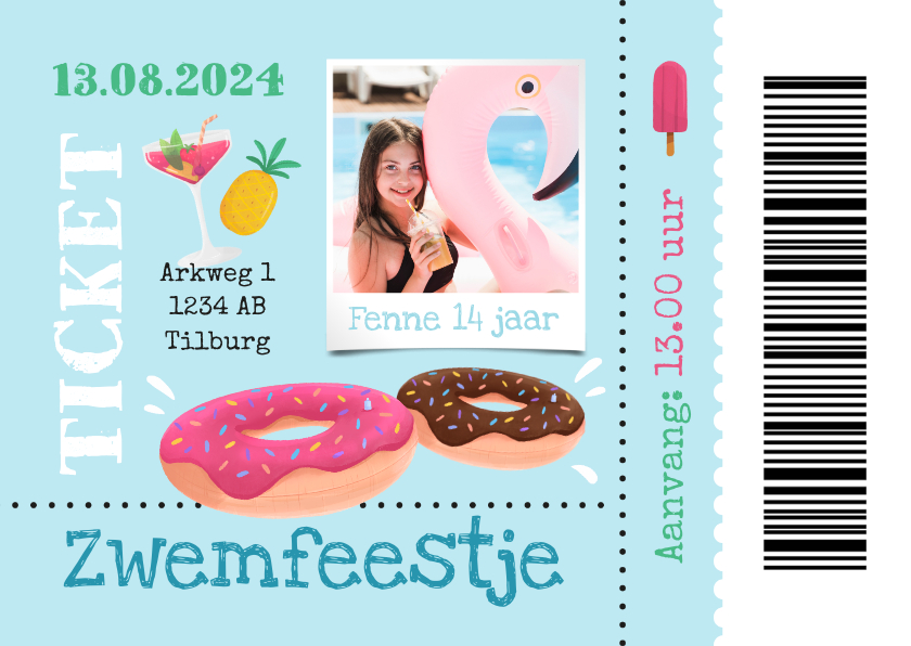 Kinderfeestjes - Uitnodigingskaart ticket zwemfeestje tropisch donut foto 