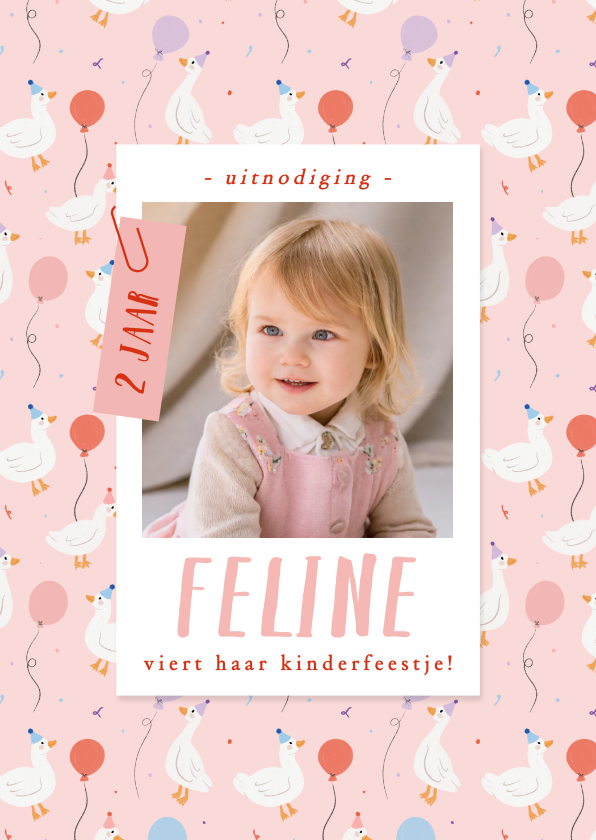 Kinderfeestjes - Vrolijk roze kinderfeestje uitnodiging met foto en eendjes