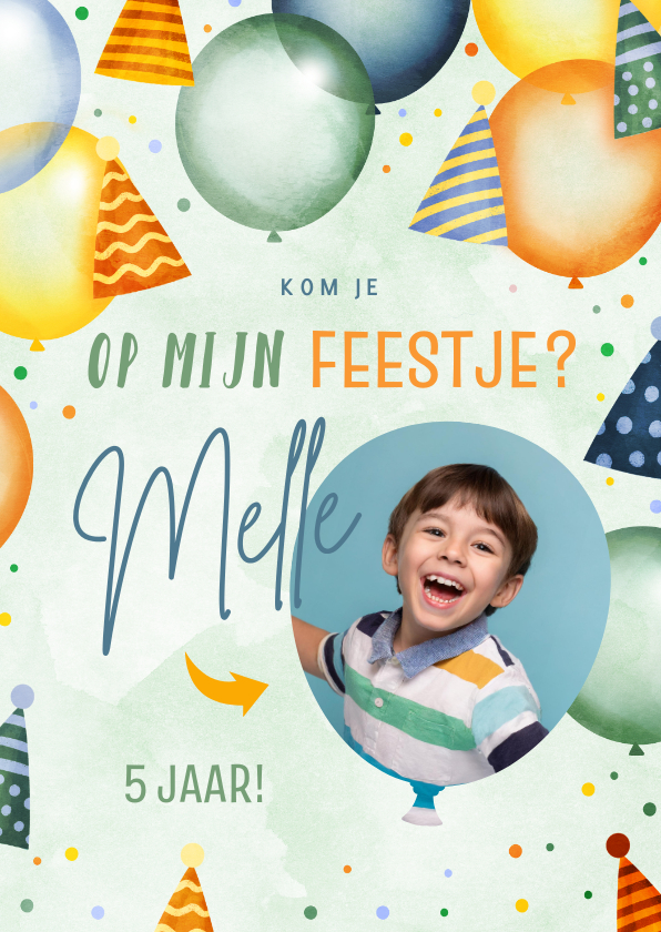 Kinderfeestjes - Vrolijke kinderfeestje uitnodiging met ballonnen en hoedjes