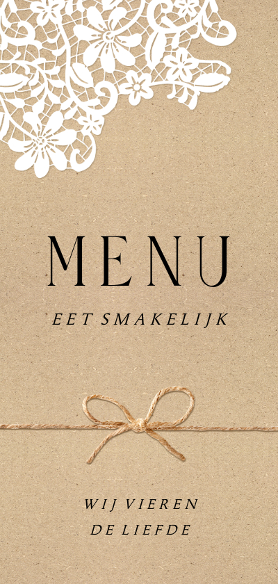 Menukaarten - Stijlvolle menukaart kant kraft strikje 