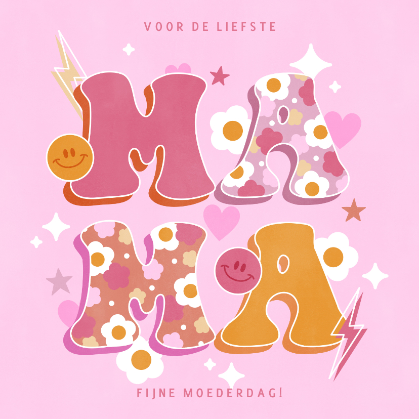 Moederdag kaarten - Hippe, groovy Moederdag kaart liefste mama bloemen & hartjes