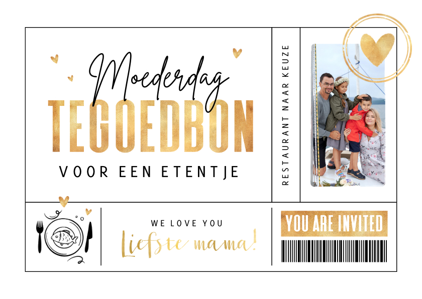 Moederdag kaarten - Moederdag tegoedbon goud foto hartjes etentje