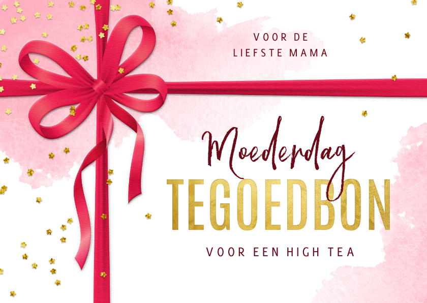 Moederdag kaarten - Moederdag tegoedbon strik waterverf confetti roze