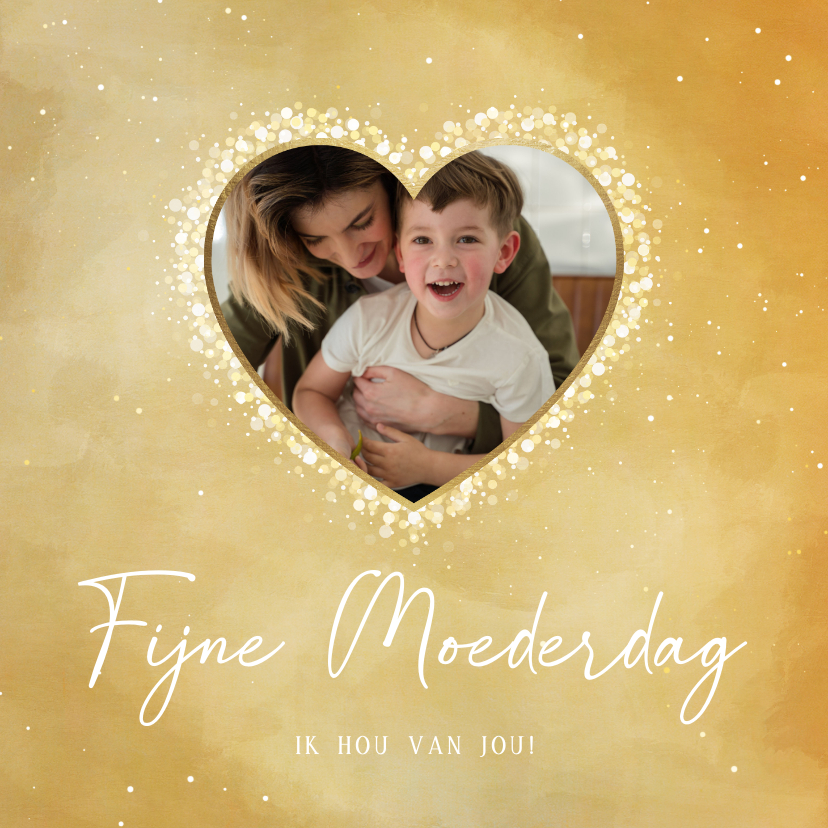 Moederdag kaarten - Moederdagkaart goud met foto in hart van sparkles