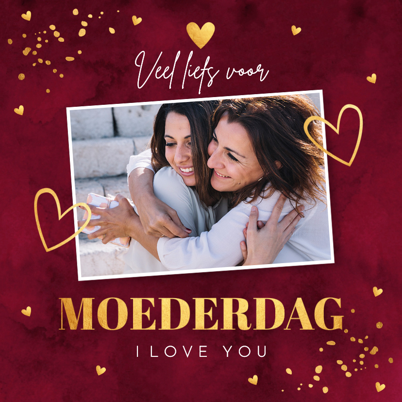 Moederdag kaarten - Moederdagkaart rood foto goudlook hartjes