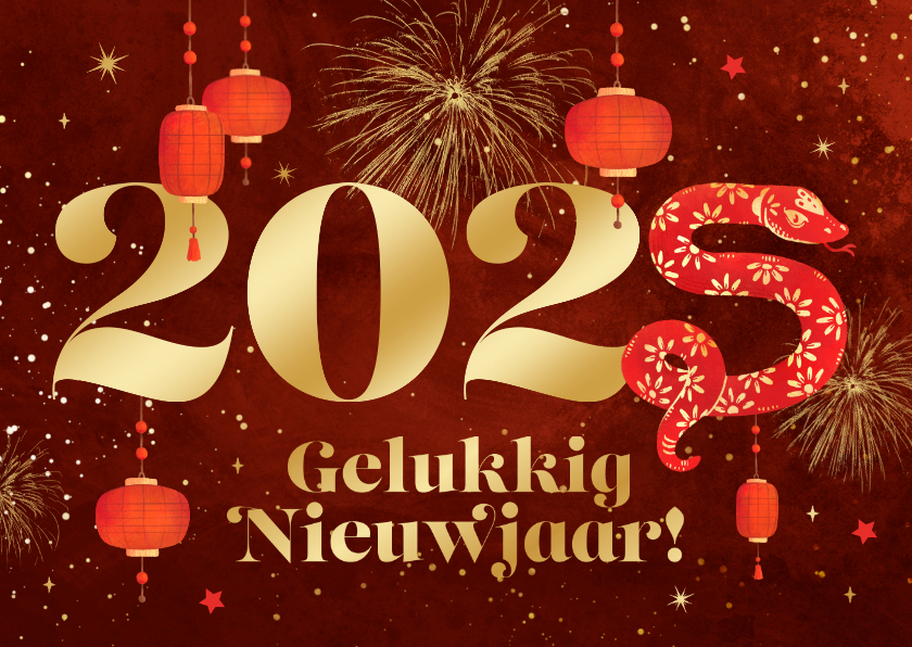 Nieuwjaarskaarten - Chinees nieuwjaar 2025 jaar van de slang vuurwerk lampjes