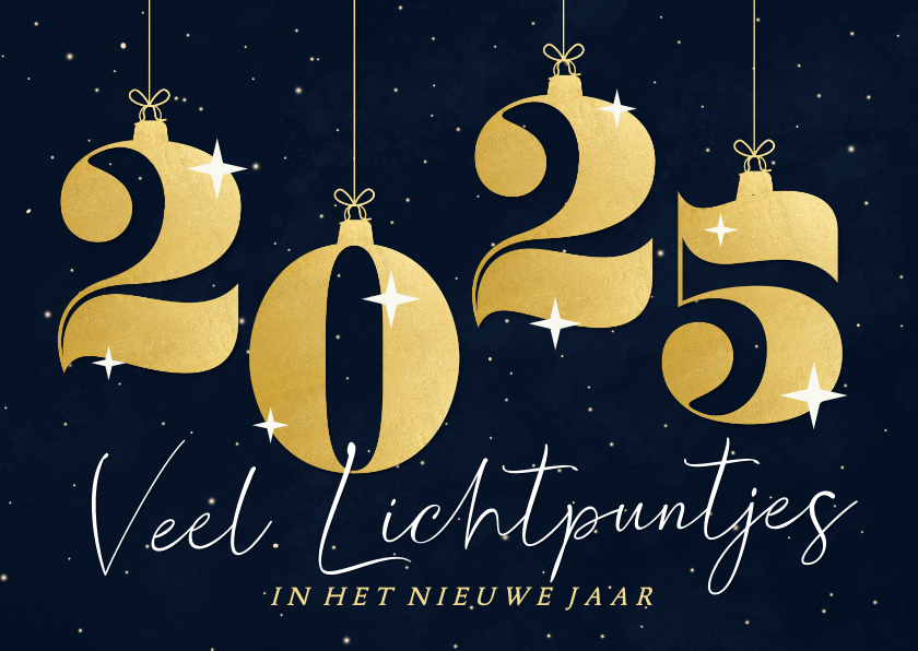 Nieuwjaarskaarten - Donkere nieuwjaarskaart met cijfer kerstballen lichtpuntjes