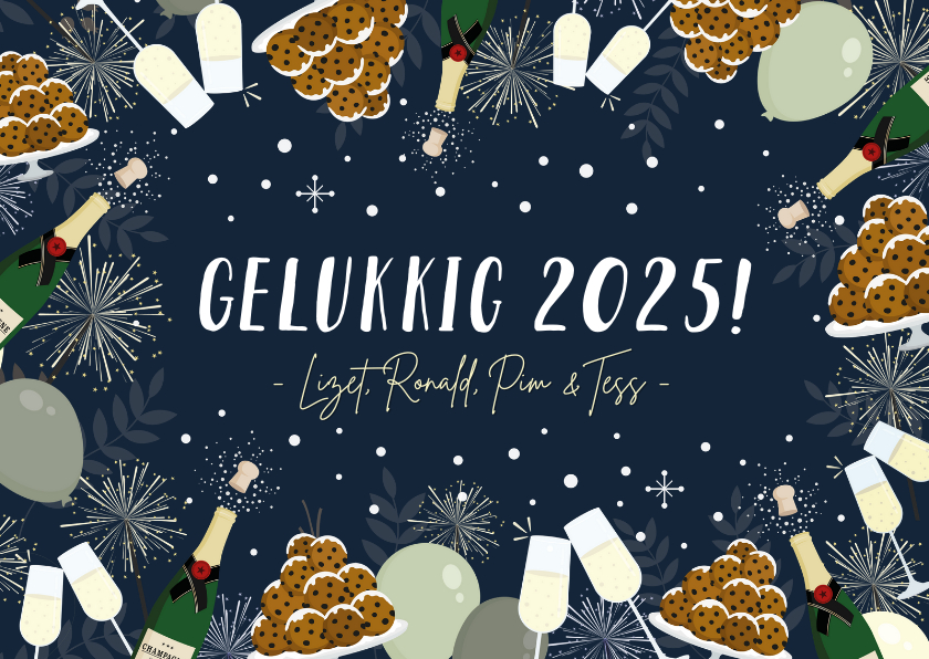 Nieuwjaarskaarten - Feestelijke nieuwjaarskaart oliebollen, vuurwerk & champagne