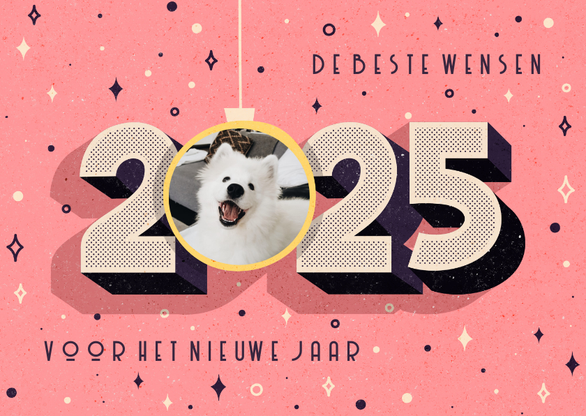 Nieuwjaarskaarten - Funky nieuwjaarskaart 2025 retro met foto in kerstbal