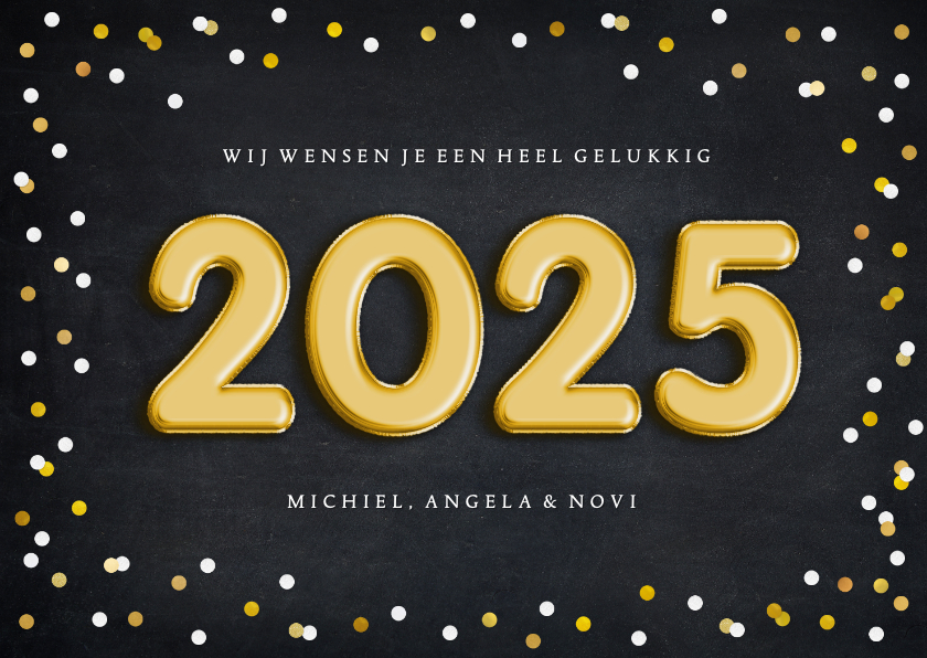 Nieuwjaarskaarten - Hippe nieuwjaarskaart met confetti en folieballon 2025