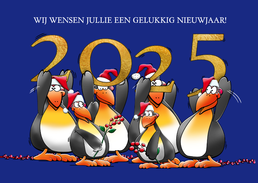 Nieuwjaarskaarten - Leuke nieuwjaarskaart met pinguïns met jaartal 2025