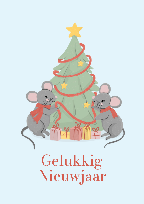 Nieuwjaarskaarten - Lieve nieuwjaarskaart met kerstboom en muisjes