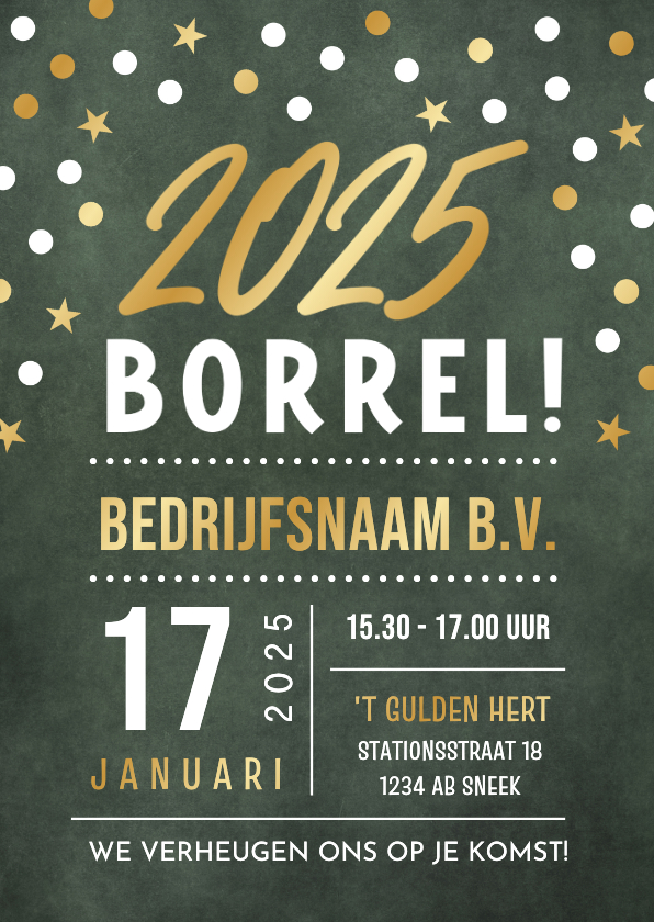 Nieuwjaarskaarten - Moderne uitnodiging nieuwjaarsborrel confetti met goudfolie 