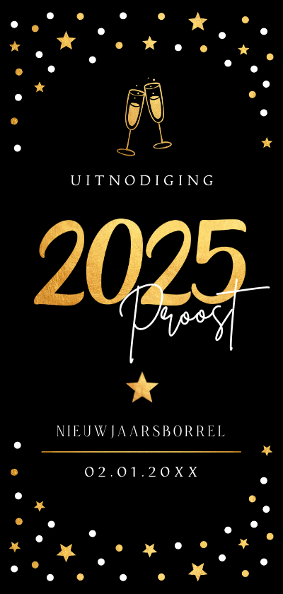 Nieuwjaarskaarten - Nieuwjaarsborrel uitnodiging zwart sterren goudlook