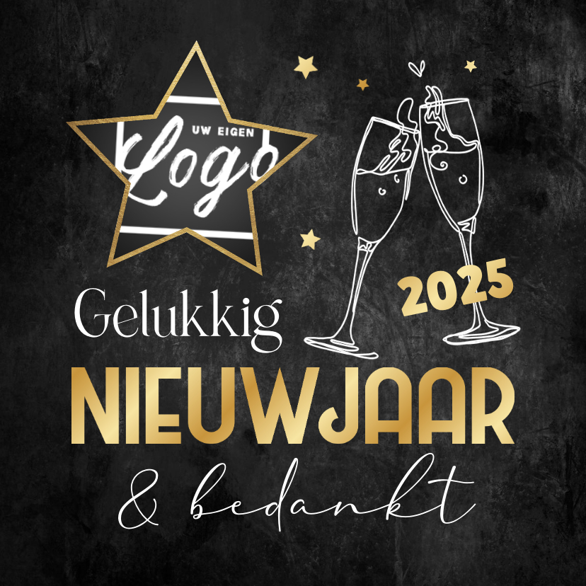 Nieuwjaarskaarten - Nieuwjaarskaart bedankt champagne sterren logo 2025