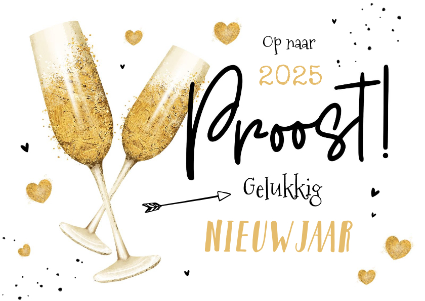 Nieuwjaarskaarten - Nieuwjaarskaart champagne gouden hartjes liefde 2025